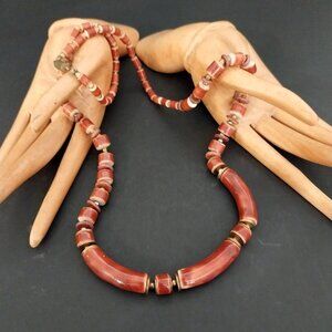 Antique Vintage Ceramic Beaded Necklace Reddish Brown